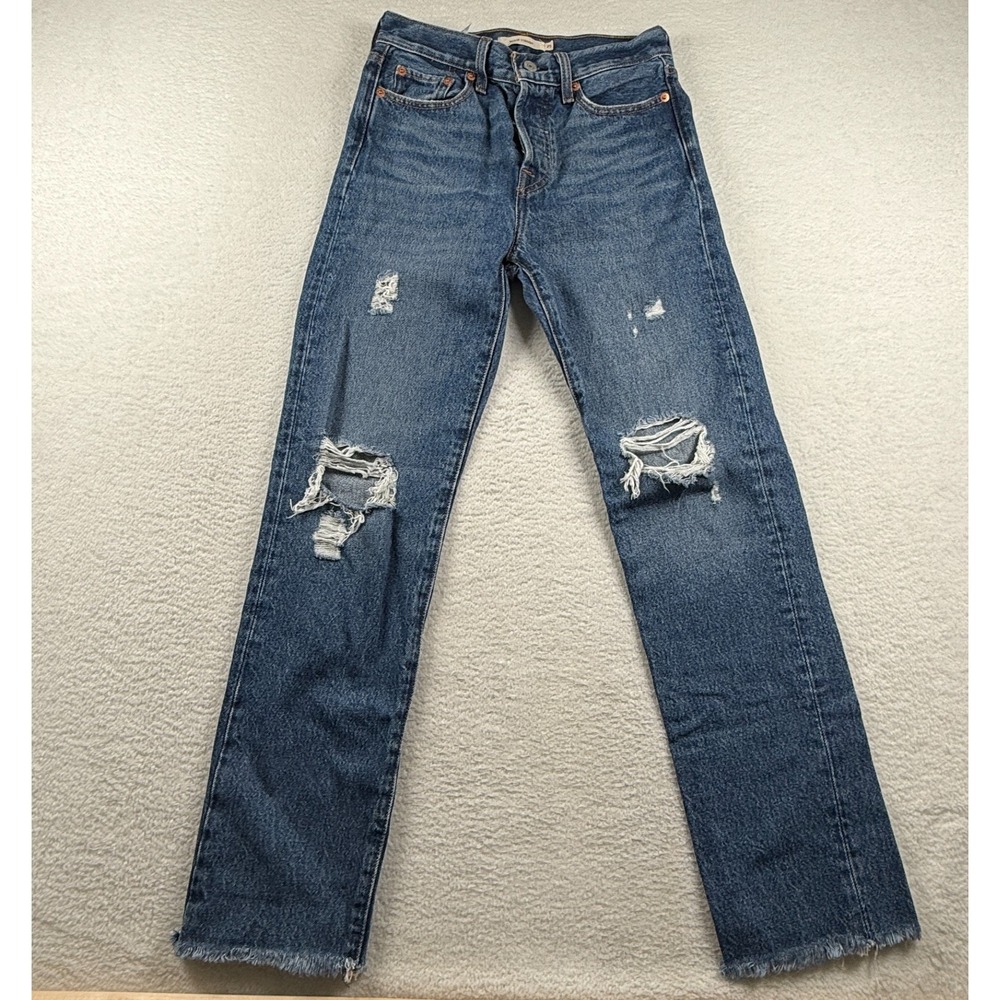 Levis Wedgie Straight Jeans Women 25x28 Blue Denim Cotton Medium Wash Distressed